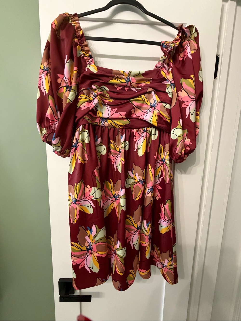 CROSBY by Mollie Burch Burgundy Floral Puff-Sleeve Mini Dress